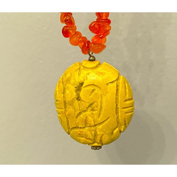 Coral Carnelian Chipstone Necklace Carved Olive Serpentine Jade Pendant Sterling - Picture 7 of 10